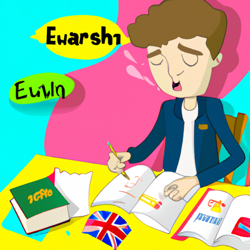 hardworking student learning english in a colourful cartoon style